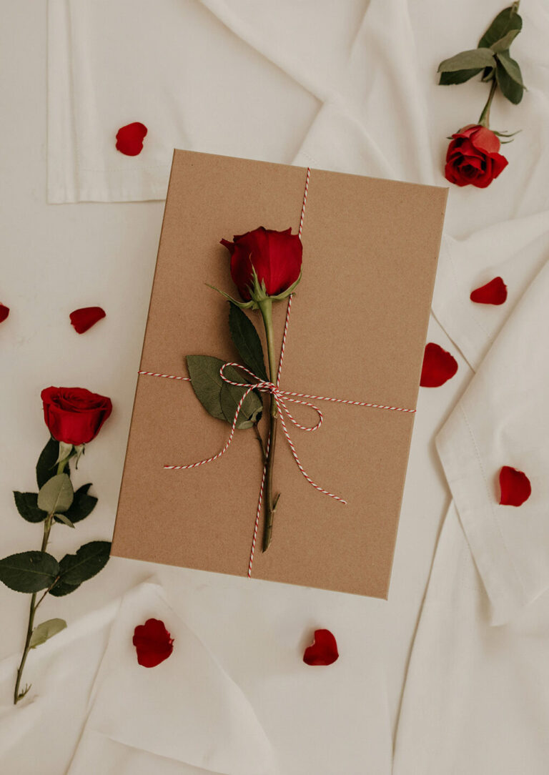 Rose auf dem Bett mit Rosenblätter drumherum